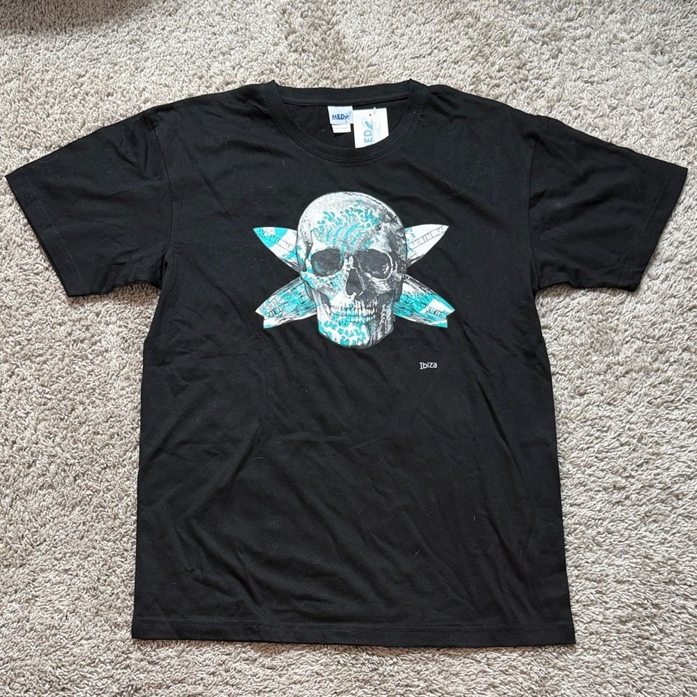 NWT Ibiza Black Tee with Skull and surf boards